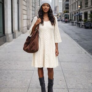 BCBGMAXAZRIA Ivory Wool Blend Cable Knit Sweater Dress L Soft Girl Neutral Basic